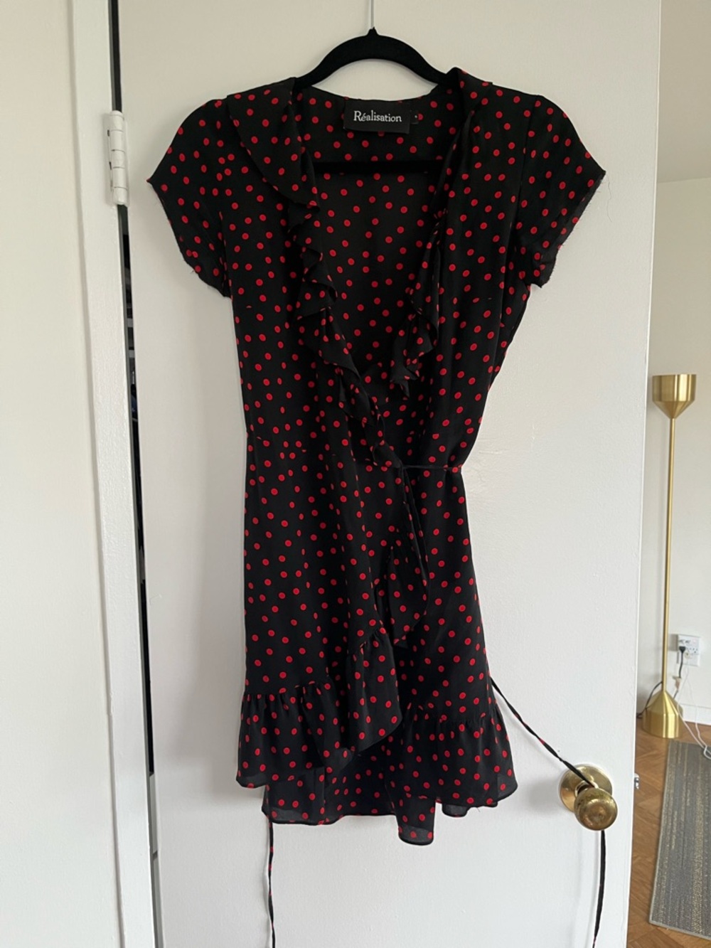 Realisation Par Black Dress with Red Polka Dots - Ruffle Wrap Midi